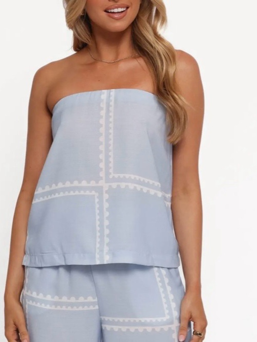Petal & Pup Light Blue Strapless top with White Trim linen blend